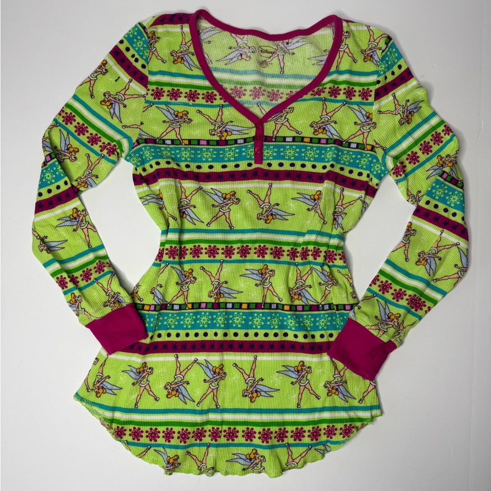 Disney Tinker Bell Y2K Thermal Henley Fairy Top Green Size L
